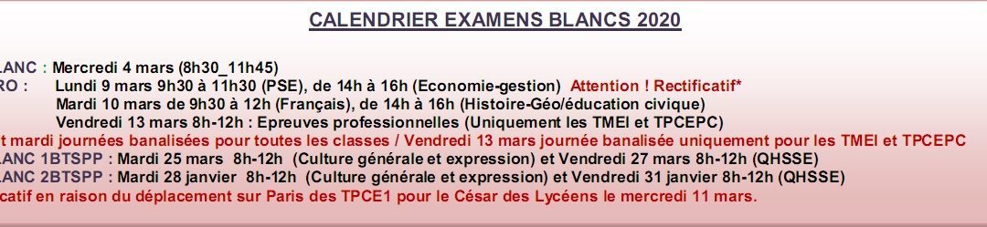 Calendrier examens blancs 2020